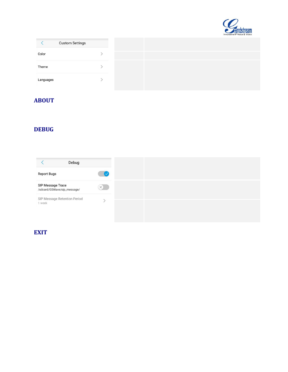 About, Debug, Exit | Table 15: debug settings parameters | Grandstream Wave User Manual | Page 63 / 65