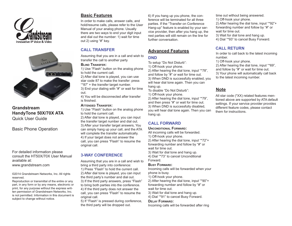 Grandstream HT701 Quick User Guide User Manual | 1 page