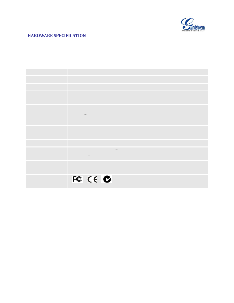 Hardware specification, Table 4: ht503 hardware specification | Grandstream HT503 User Manual User Manual | Page 17 / 66