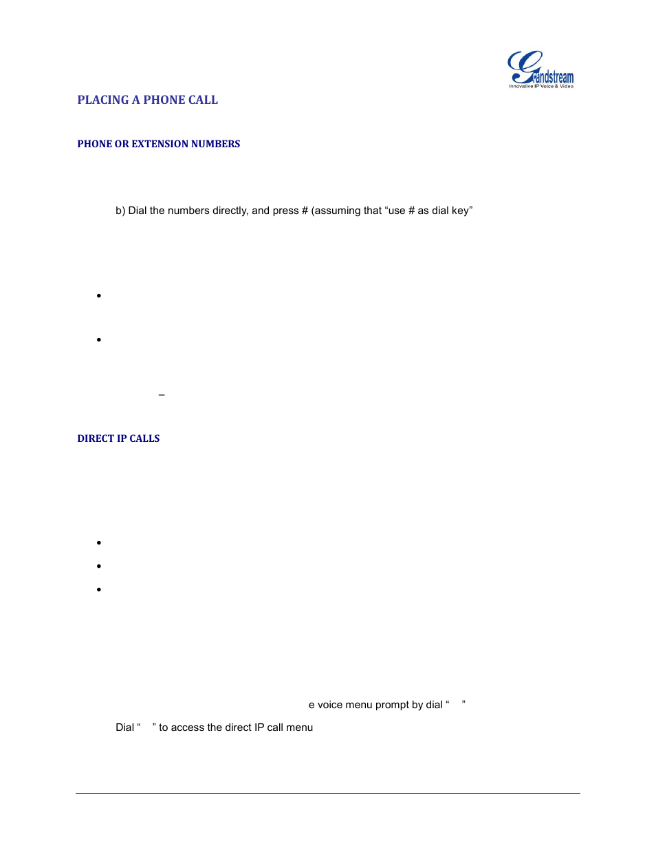 Placing a phone call, Phone or extension numbers, Direct ip calls | Grandstream HT503 User Manual User Manual | Page 21 / 66