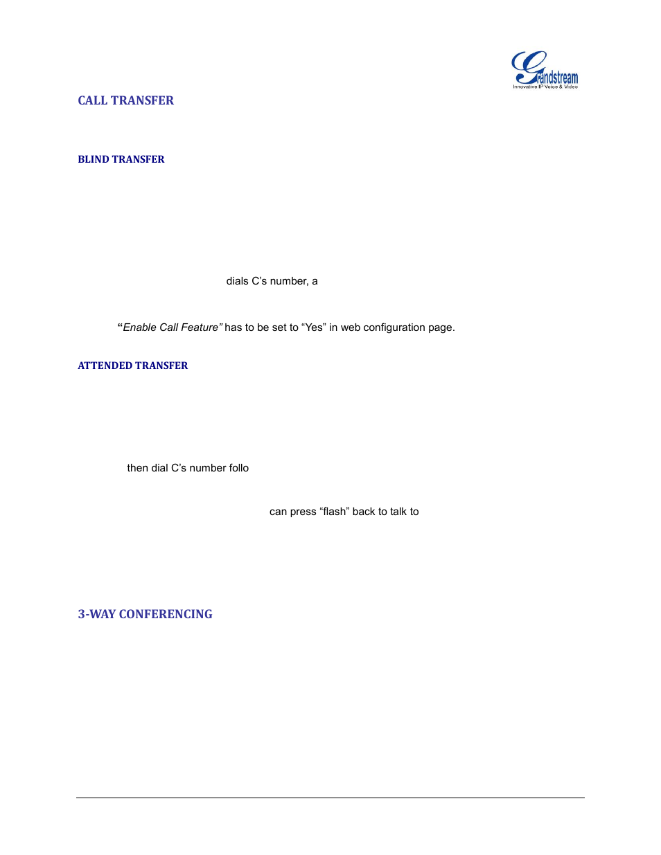 Call transfer, Blind transfer, Attended transfer | Way conferencing | Grandstream HT503 User Manual User Manual | Page 23 / 66