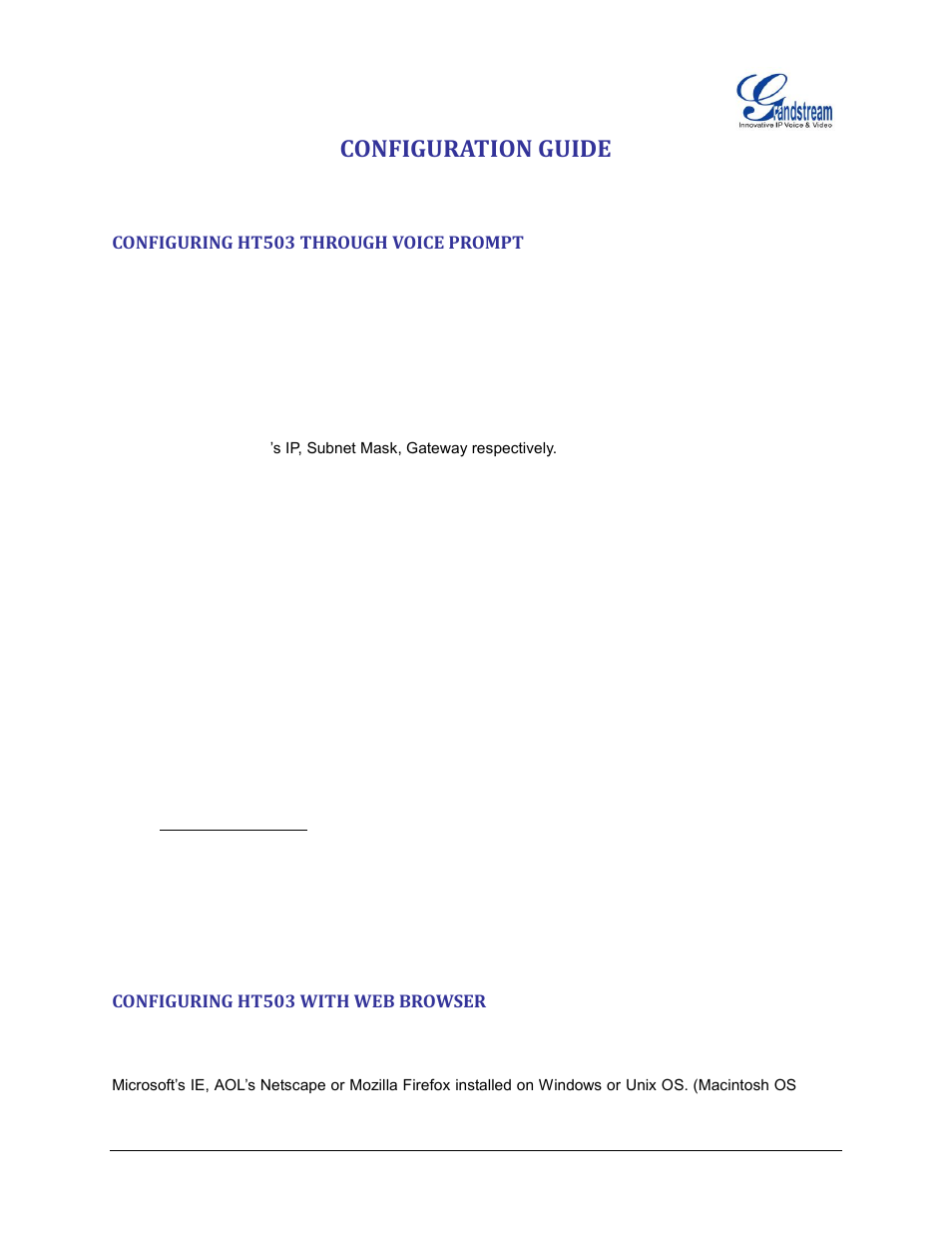 Configuration guide, Configuring ht503 through voice prompt, Configuring ht503 with web browser | Grandstream HT503 User Manual User Manual | Page 31 / 66