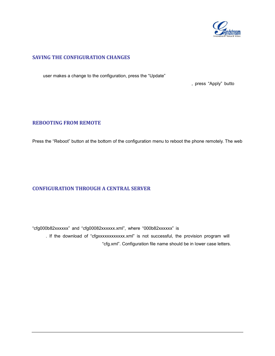 Saving the configuration changes, Rebooting from remote, Configuration through a central server | Grandstream HT503 User Manual User Manual | Page 59 / 66