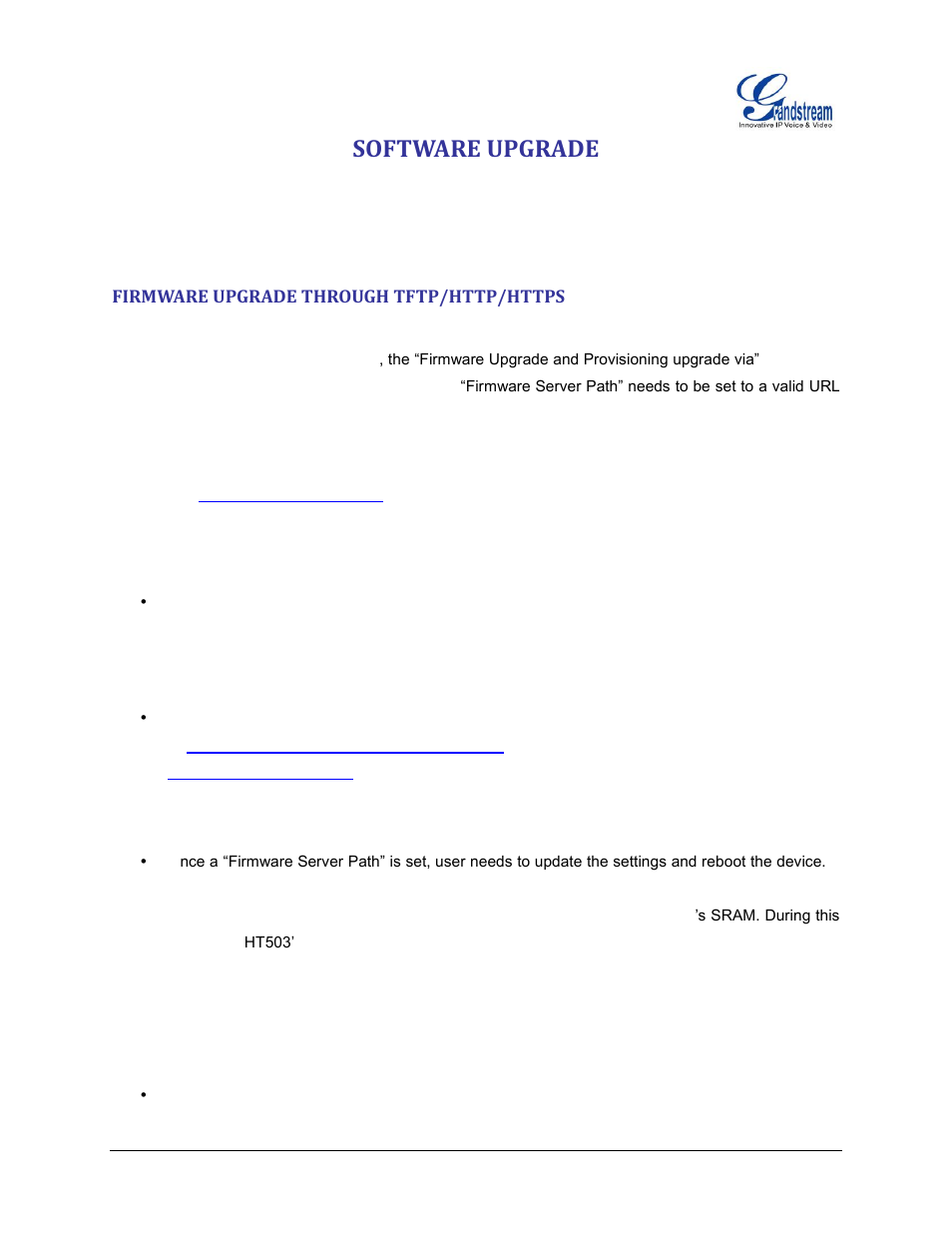 Software upgrade, Firmware upgrade through tftp/http/https | Grandstream HT503 User Manual User Manual | Page 61 / 66