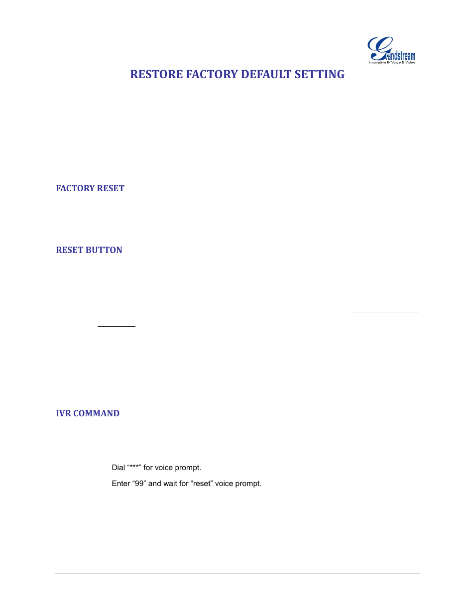 Factory reset, Reset button, Ivr command | Restore factory default setting | Grandstream HT503 User Manual User Manual | Page 65 / 66
