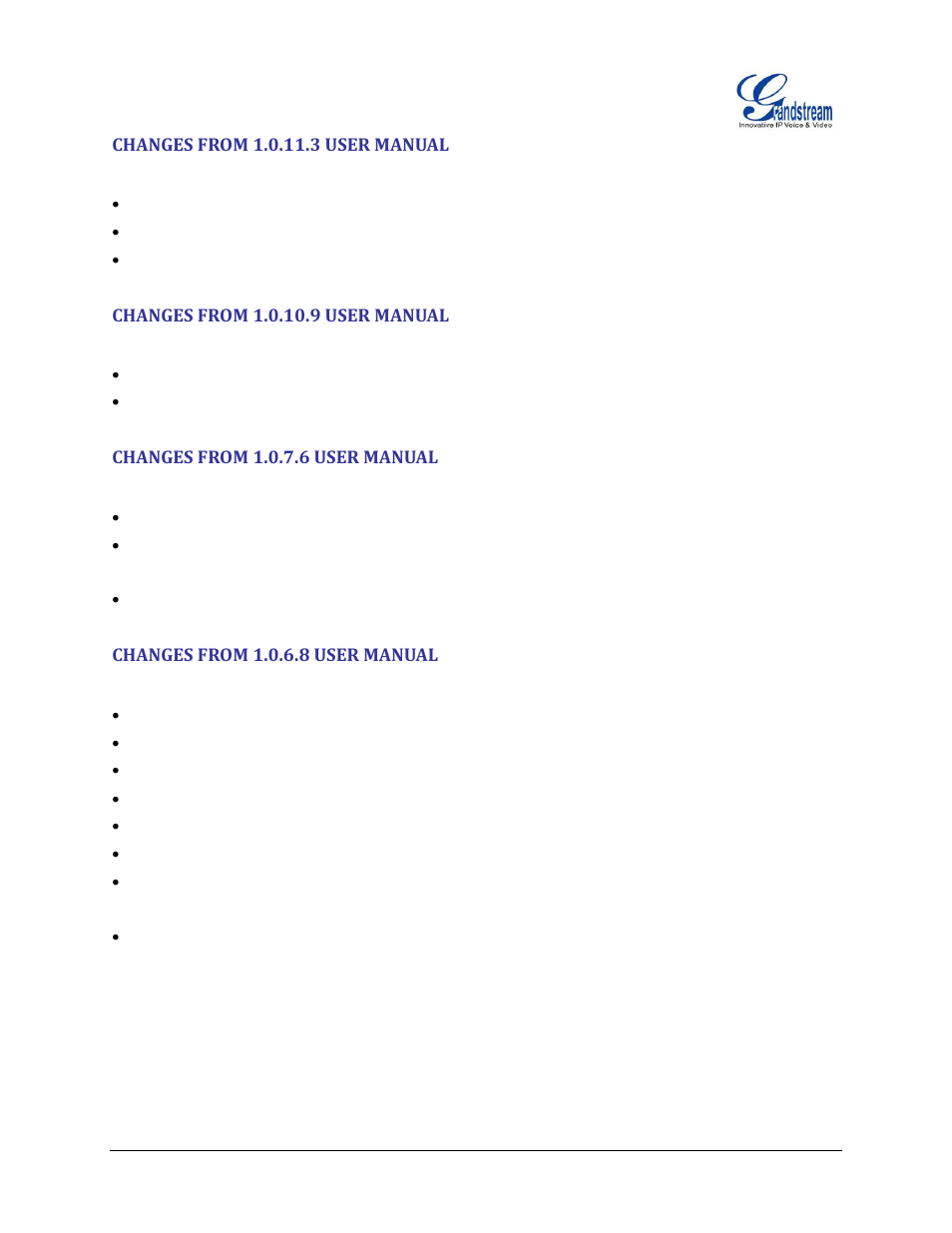 Changes from 1.0.11.3 user manual, Changes from 1.0.10.9 user manual, Changes from 1.0.7.6 user manual | Changes from 1.0.6.8 user manual | Grandstream HT503 User Manual User Manual | Page 8 / 66