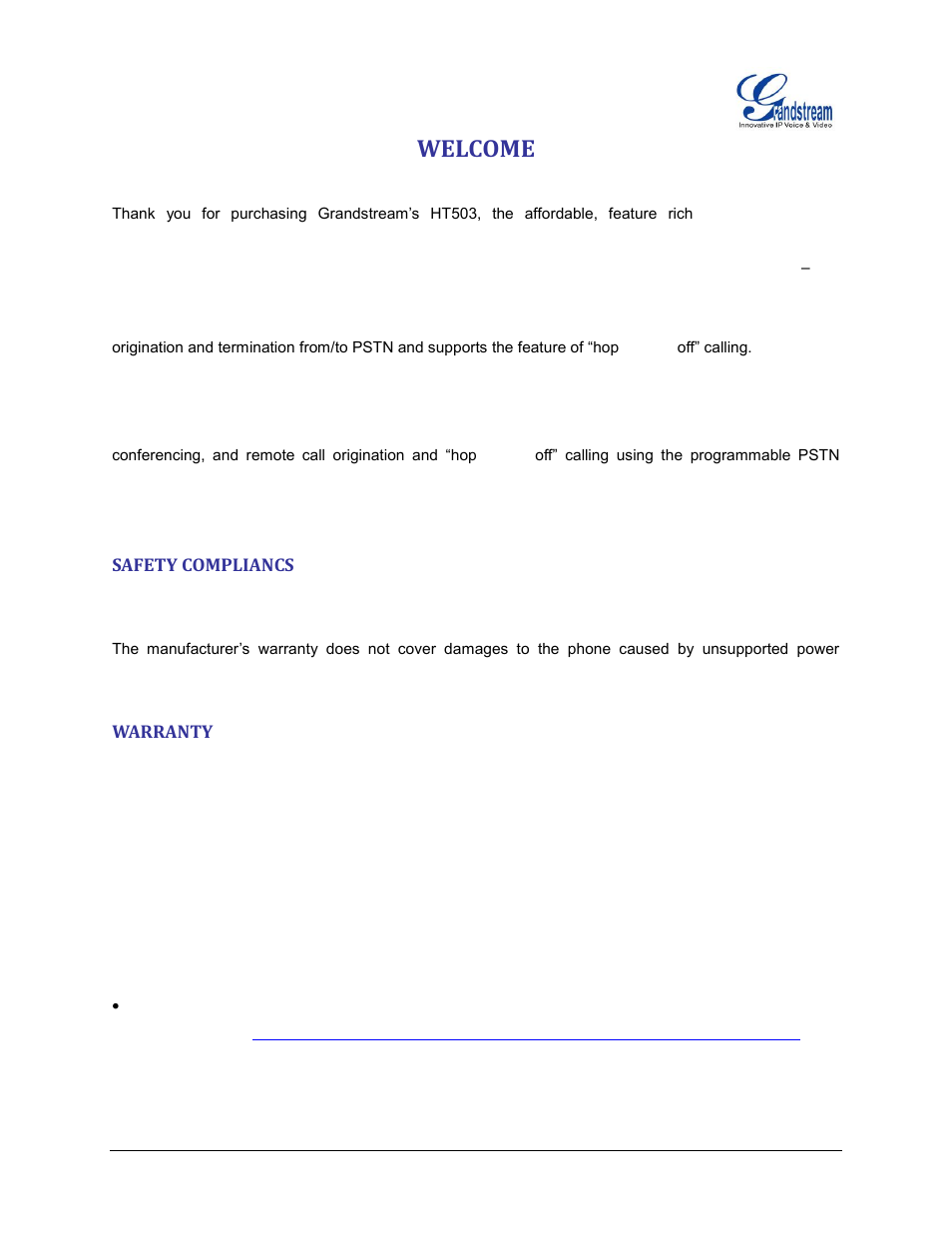 Welcome, Safety compliancs, Warranty | Grandstream HT503 User Manual User Manual | Page 9 / 66