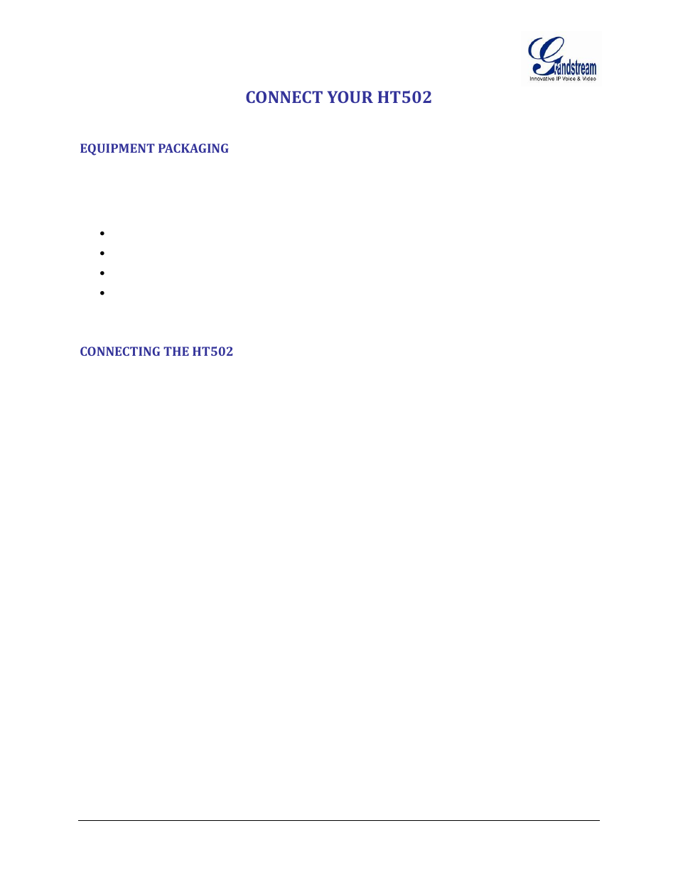 Connect your ht502, Equipment packaging, Connecting the ht502 | Grandstream HT502 User Manual User Manual | Page 11 / 56
