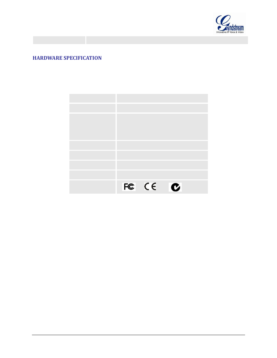 Hardware specification, Table 4: ht502 hardware specification | Grandstream HT502 User Manual User Manual | Page 17 / 56