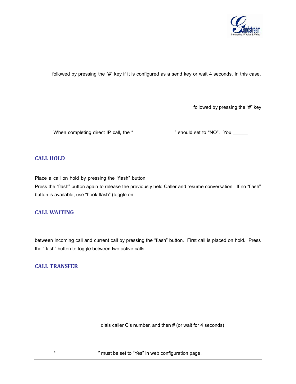Call hold, Call waiting, Call transfer | Blind transfer | Grandstream HT502 User Manual User Manual | Page 22 / 56