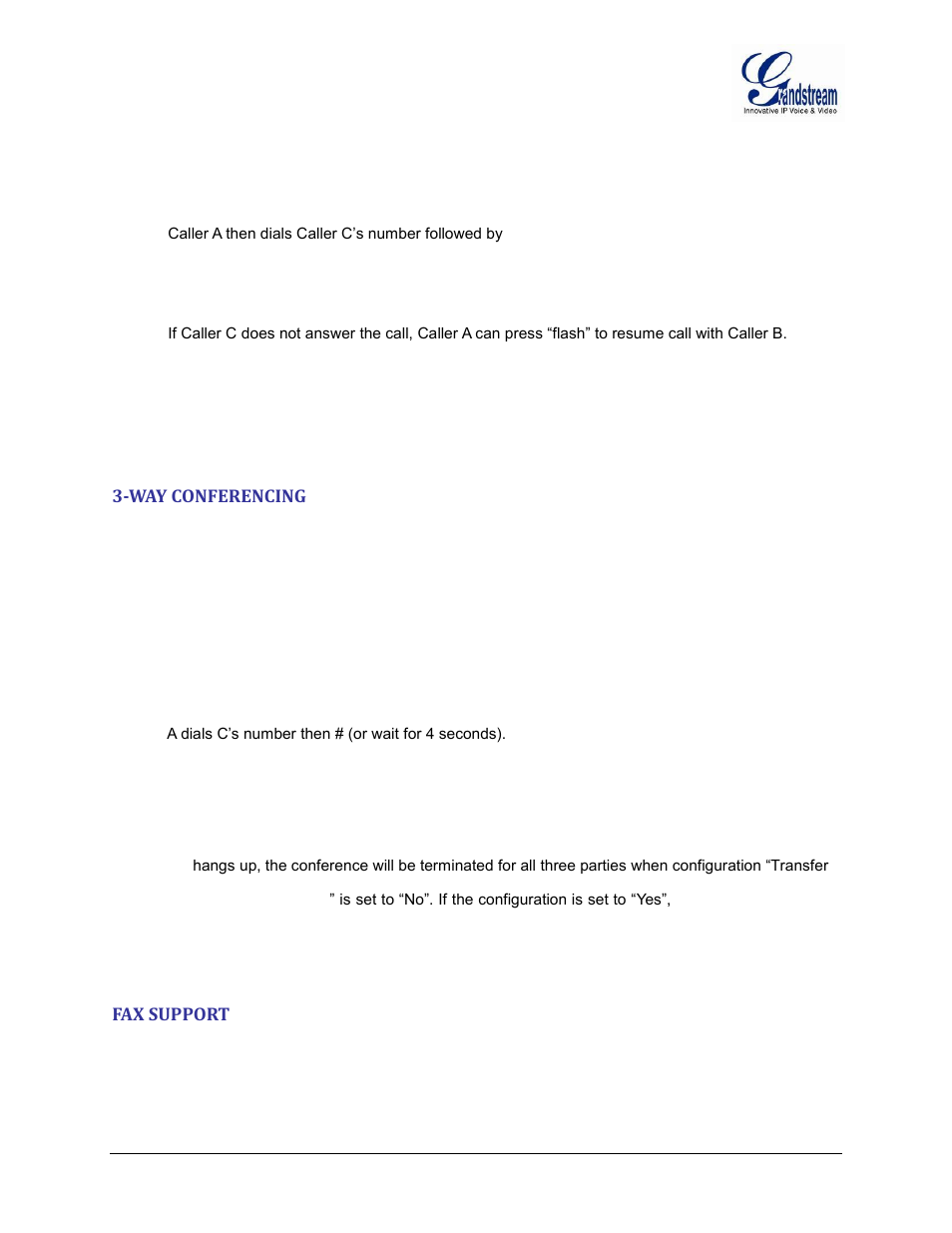 Attended transfer, Way conferencing, Fax support | Grandstream HT502 User Manual User Manual | Page 23 / 56