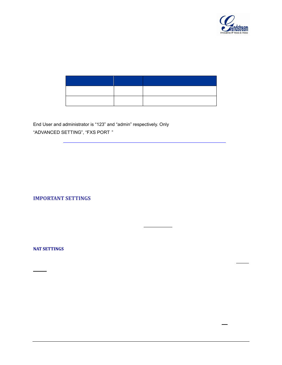 Important settings, Nat settings | Grandstream HT502 User Manual User Manual | Page 29 / 56