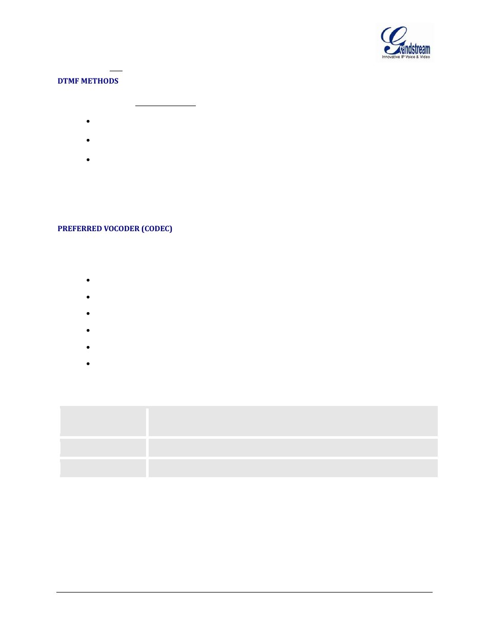 Dtmf methods, Preferred vocoder (codec), Table 7: basic settings | Grandstream HT502 User Manual User Manual | Page 30 / 56