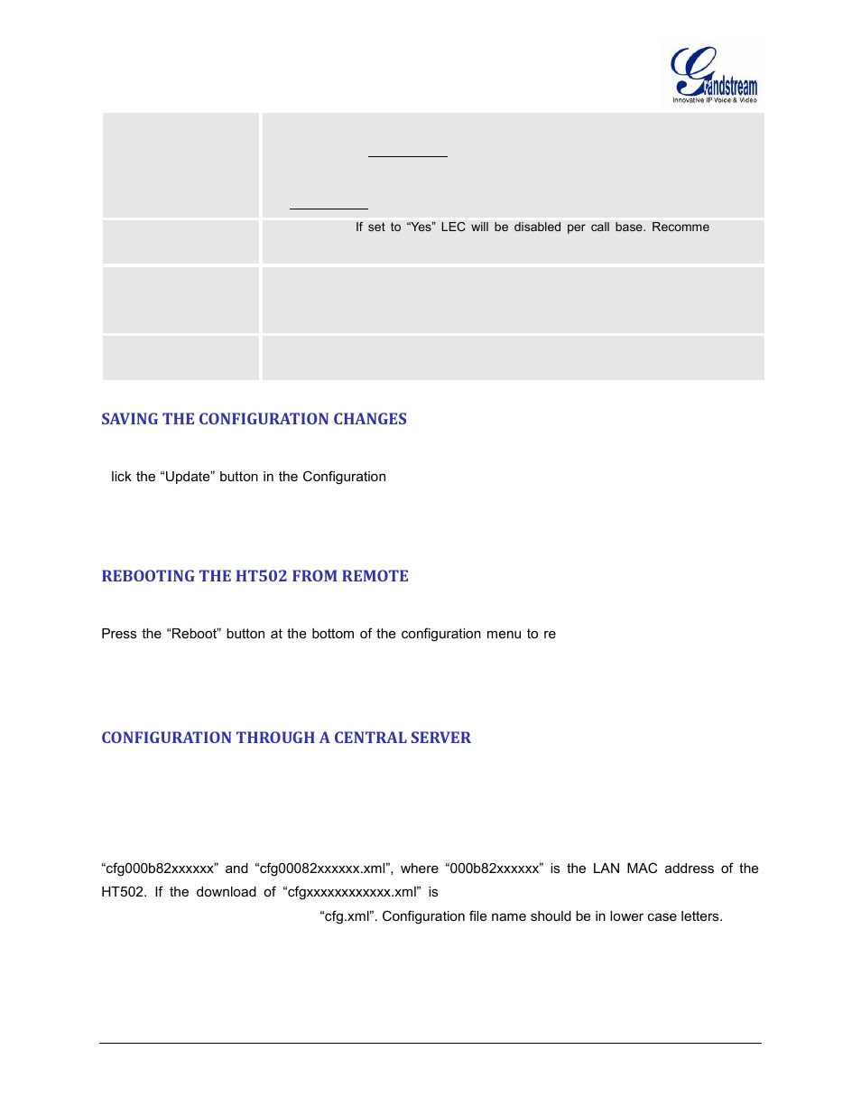 Saving the configuration changes, Rebooting the ht502 from remote, Configuration through a central server | Blacklist for incoming calls | Grandstream HT502 User Manual User Manual | Page 49 / 56