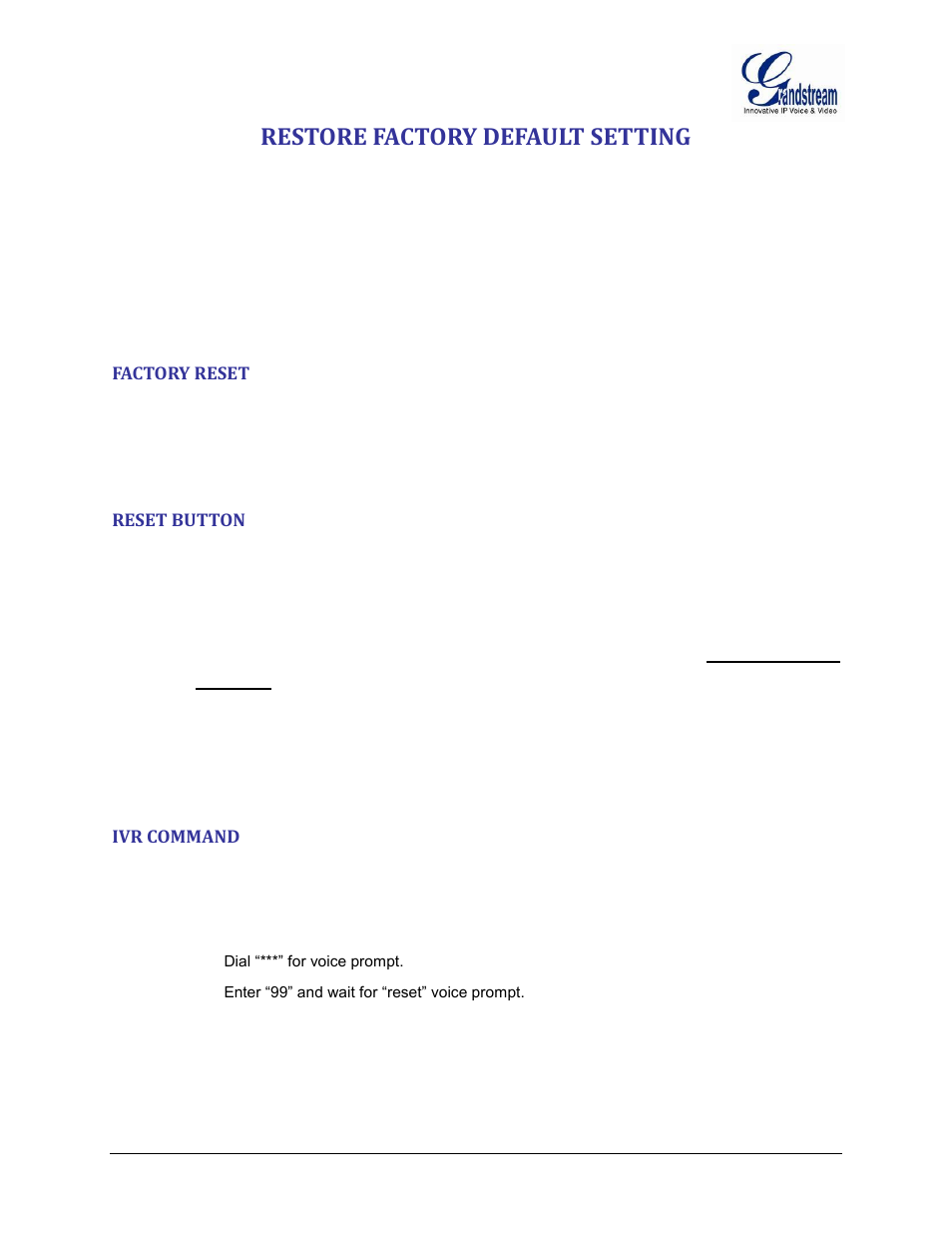 Factory reset, Reset button, Ivr command | Restore factory default setting | Grandstream HT502 User Manual User Manual | Page 55 / 56