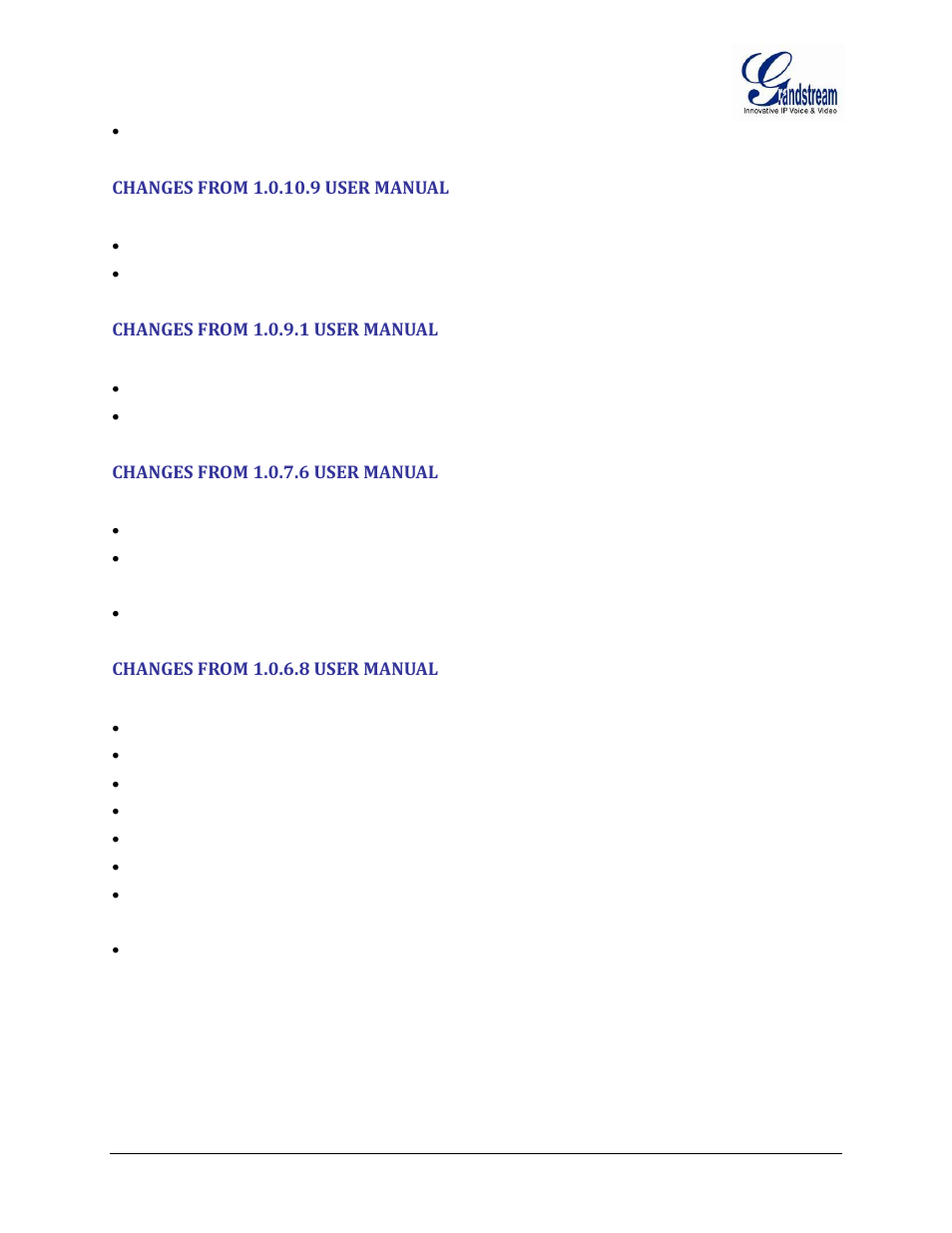 Changes from 1.0.10.9 user manual, Changes from 1.0.9.1 user manual, Changes from 1.0.7.6 user manual | Changes from 1.0.6.8 user manual | Grandstream HT502 User Manual User Manual | Page 8 / 56