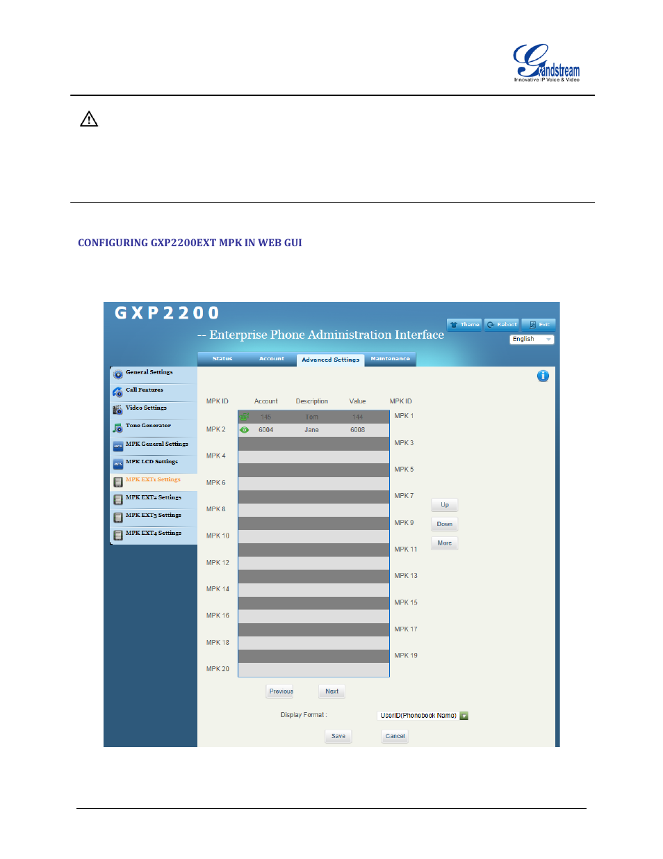 Configuring gxp2200ext mpk in web gui | Grandstream GXP2200EXT User Manual User Manual | Page 19 / 27