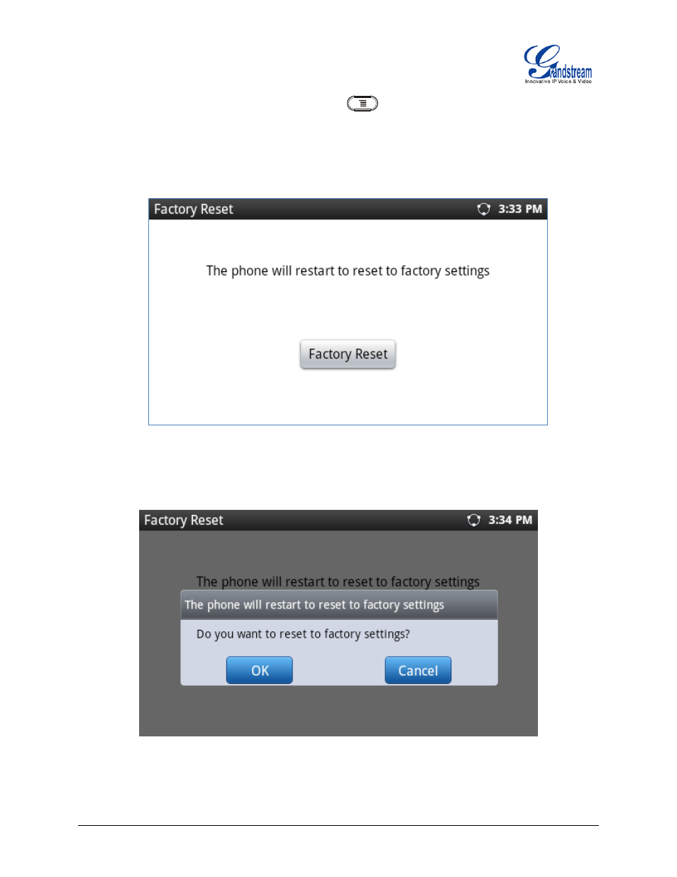 Figure 12: gxp2200 lcd - factory reset, Figure 13: gxp2200ext lcd - confirm factory reset | Grandstream GXP2200EXT User Manual User Manual | Page 25 / 27