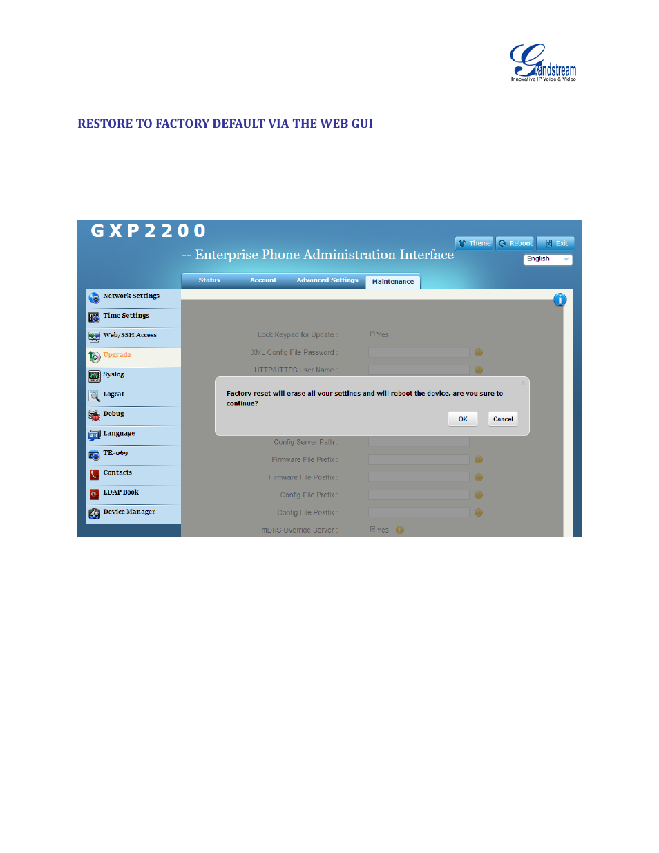 Restore to factory default via the web gui, Figure 14: gxp2200 web gui - confirm factory reset | Grandstream GXP2200EXT User Manual User Manual | Page 26 / 27
