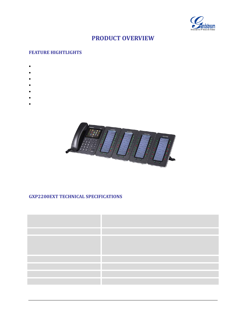 Product overview, Feature hightlights, Gxp2200ext technical specifications | Table 1: gxp2200ext technical specifications, Figure 1: gxp2200ext 4-module front view | Grandstream GXP2200EXT User Manual User Manual | Page 7 / 27