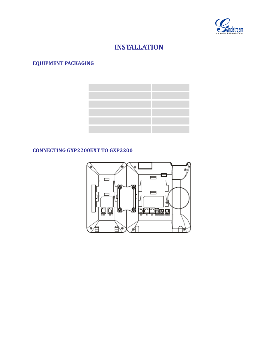 Installation, Equipment packaging, Connecting gxp2200ext to gxp2200 | Table 2: gxp2200ext equipment packaging | Grandstream GXP2200EXT User Manual User Manual | Page 9 / 27