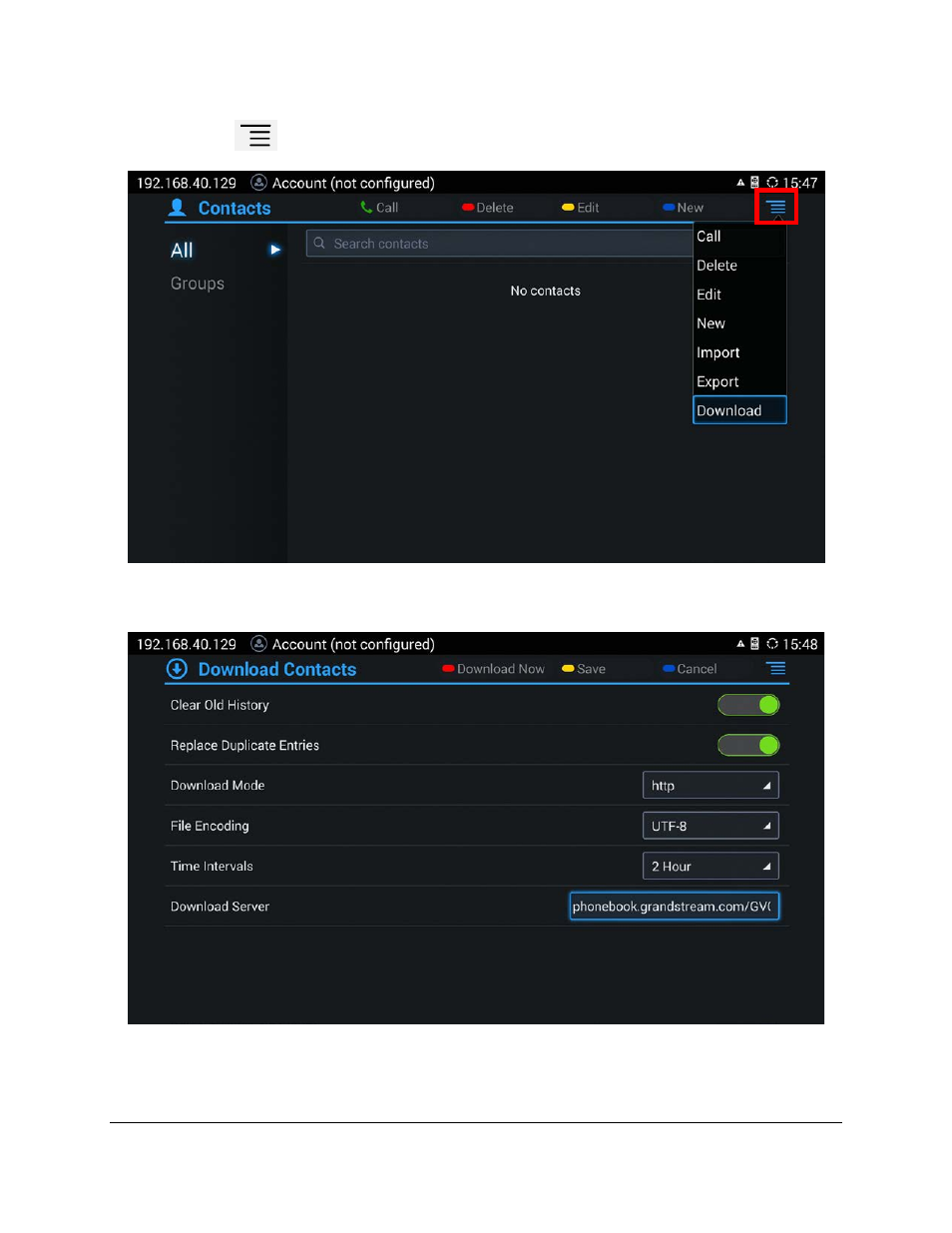 Figure 8: contacts->download | Grandstream GVC3200 phone book XML guide User Manual | Page 12 / 24