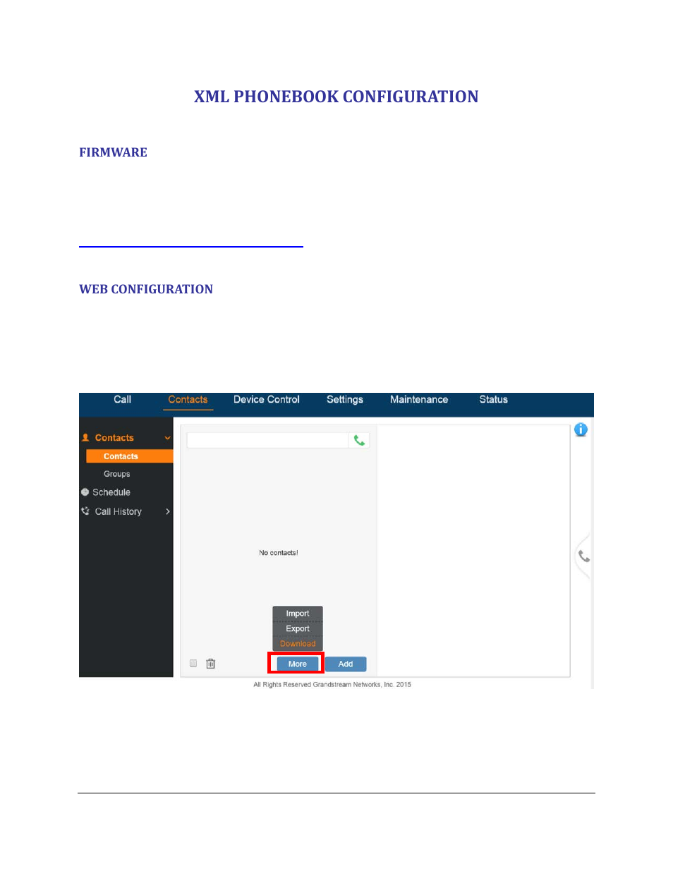 Xml phonebook configuration, Firmware, Web configuration | Figure 4: contacts->more->download | Grandstream GVC3200 phone book XML guide User Manual | Page 8 / 24