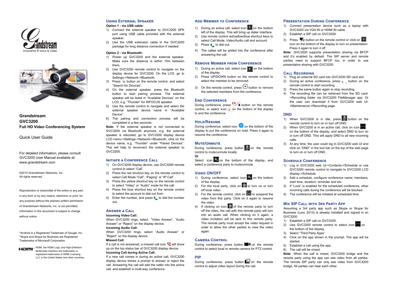 Grandstream GVC3200 Quick User Guide User Manual | 1 page