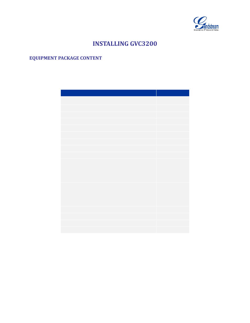 Installing gvc3200, Equipment package content, Table 2 gvc3200 package list | Grandstream GVC3200 User Guide User Manual | Page 16 / 98