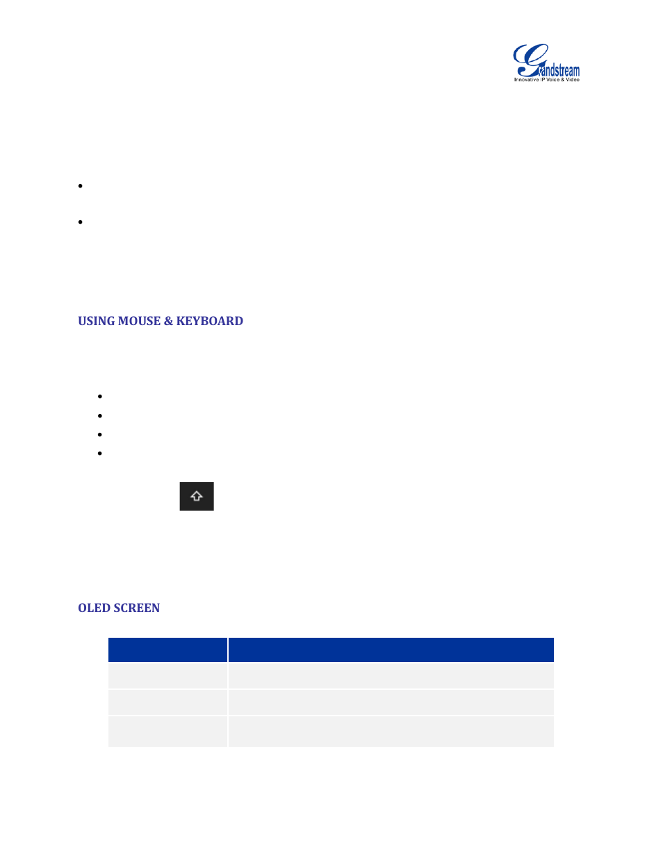 Using mouse & keyboard, Oled screen, Table 7 gvc3200 oled screen status descriptions | Grandstream GVC3200 User Guide User Manual | Page 25 / 98