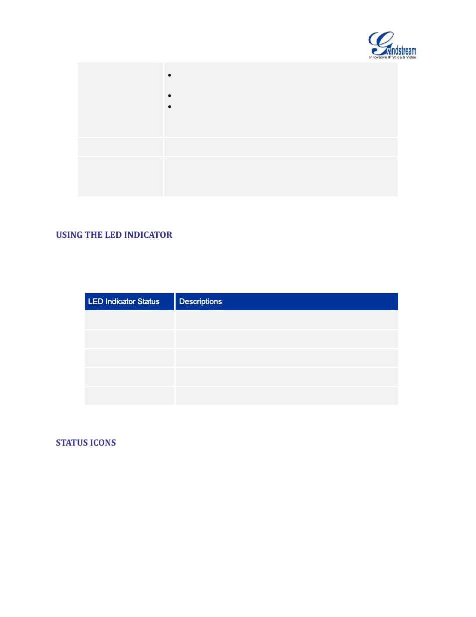 Using the led indicator, Status icons, Table 8 gvc3200 led indicator status descriptions | Grandstream GVC3200 User Guide User Manual | Page 26 / 98