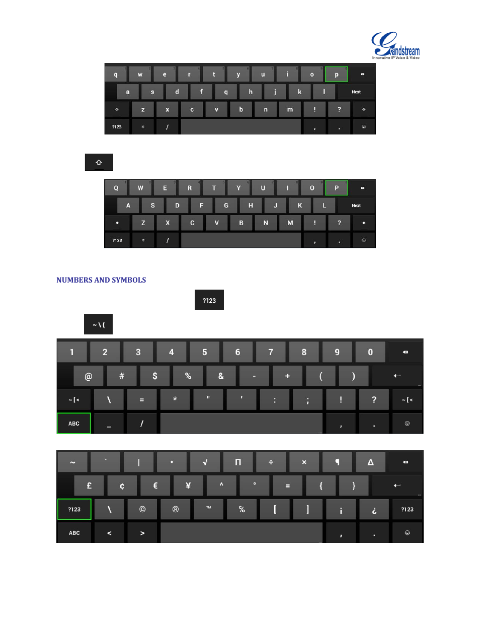 Numbers and symbols, Figure 7 gvc3200 english input method - capslock | Grandstream GVC3200 User Guide User Manual | Page 28 / 98