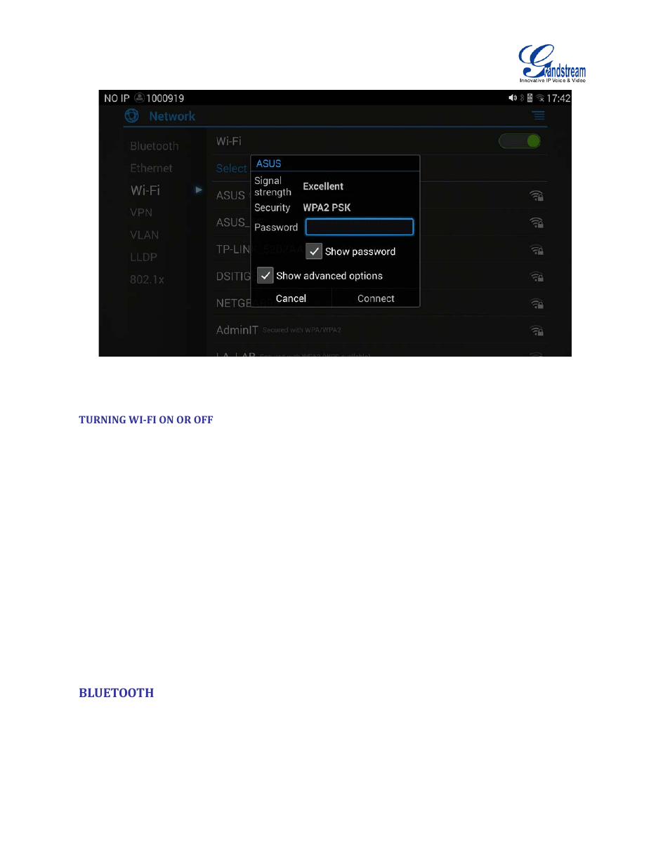 Turning wi-fi on or off, Bluetooth, Figure 11 gvc3200 add wi-fi screen | Grandstream GVC3200 User Guide User Manual | Page 31 / 98