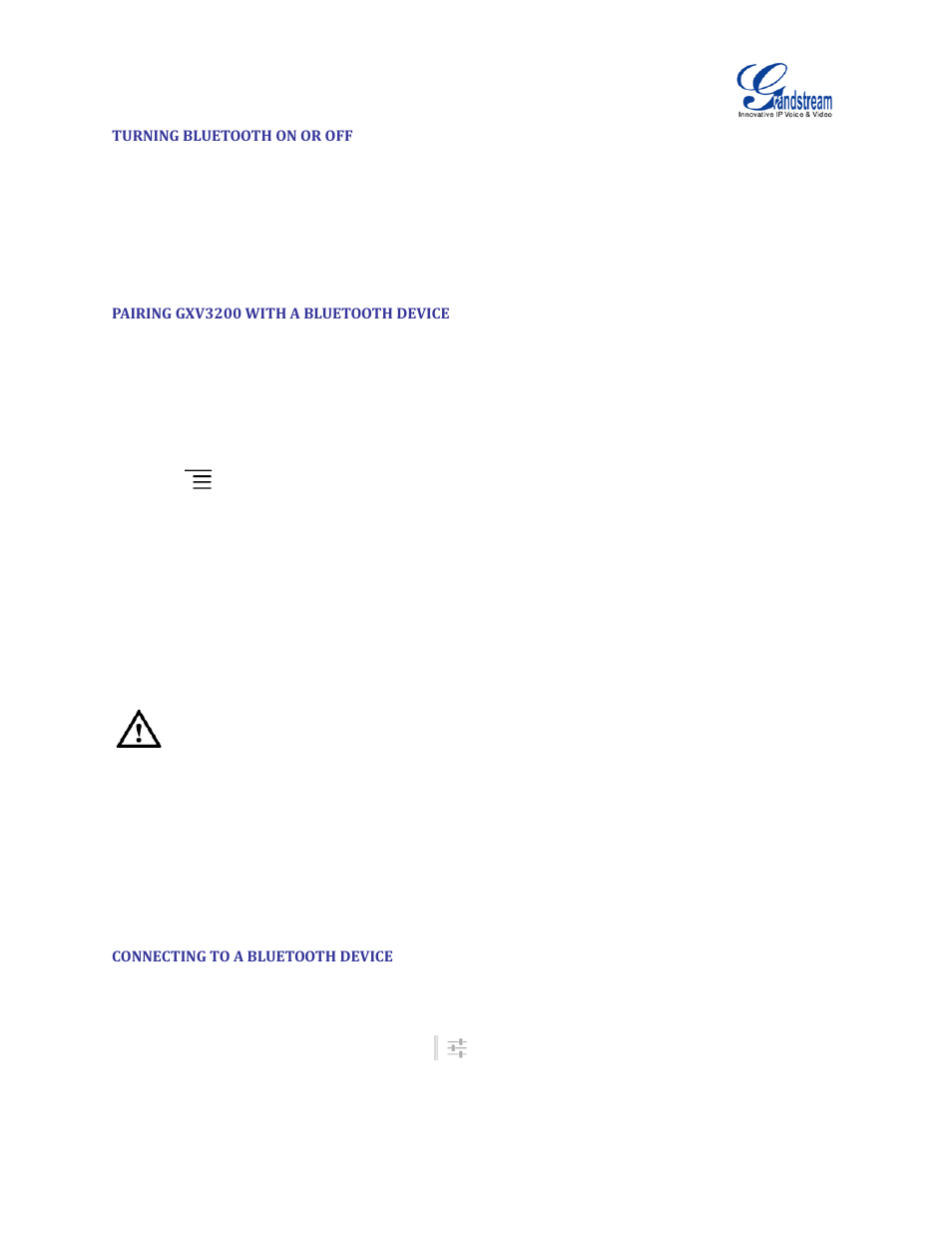 Turning bluetooth on or off, Pairing gxv3200 with a bluetooth device, Connecting to a bluetooth device | Grandstream GVC3200 User Guide User Manual | Page 32 / 98