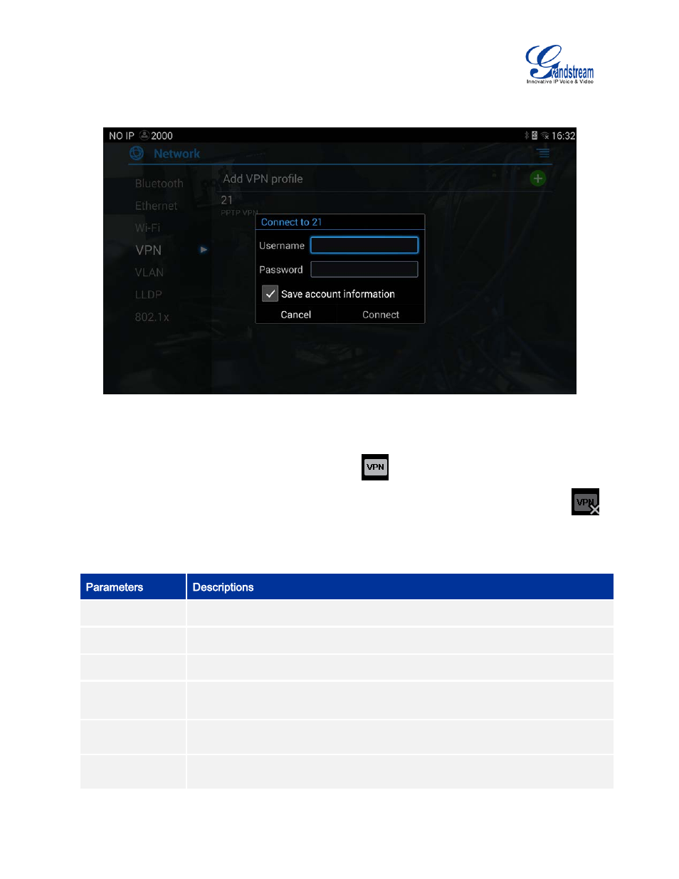 Table 10 gvc3200 vpn file parameters, Figure 15 gvc3200 vpn validation screen | Grandstream GVC3200 User Guide User Manual | Page 36 / 98
