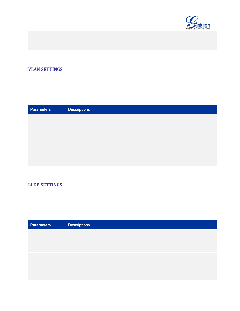 Vlan settings, Lldp settings, Table 11 gvc3200 vlan configuration parameters | Table 12 gvc3200 lldp configuration parameters | Grandstream GVC3200 User Guide User Manual | Page 37 / 98