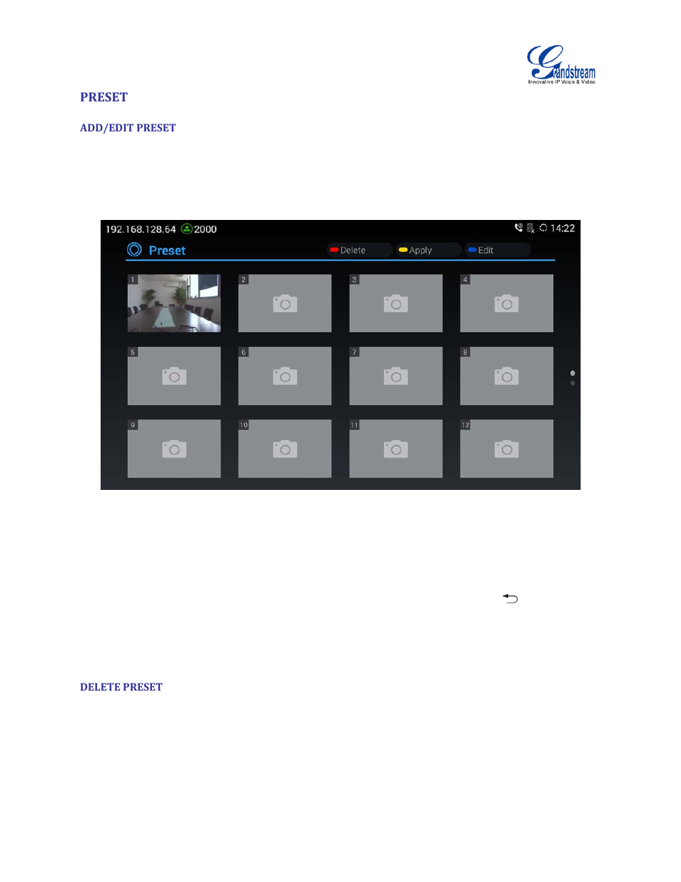 Preset, Add/edit preset, Delete preset | Figure 17 gvc3200 add preset screen | Grandstream GVC3200 User Guide User Manual | Page 40 / 98