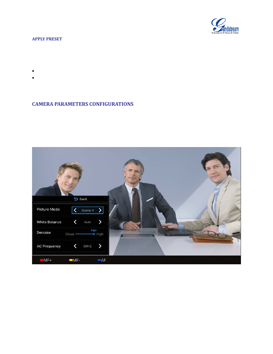 Apply preset, Camera parameters configurations, Figure 18 gvc3200 camera parameters setting screen | Grandstream GVC3200 User Guide User Manual | Page 41 / 98