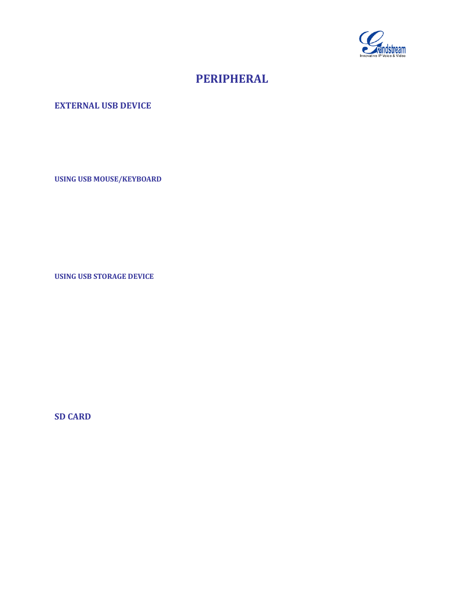 Peripheral, External usb device, Using usb mouse/keyboard | Using usb storage device, Sd card | Grandstream GVC3200 User Guide User Manual | Page 43 / 98