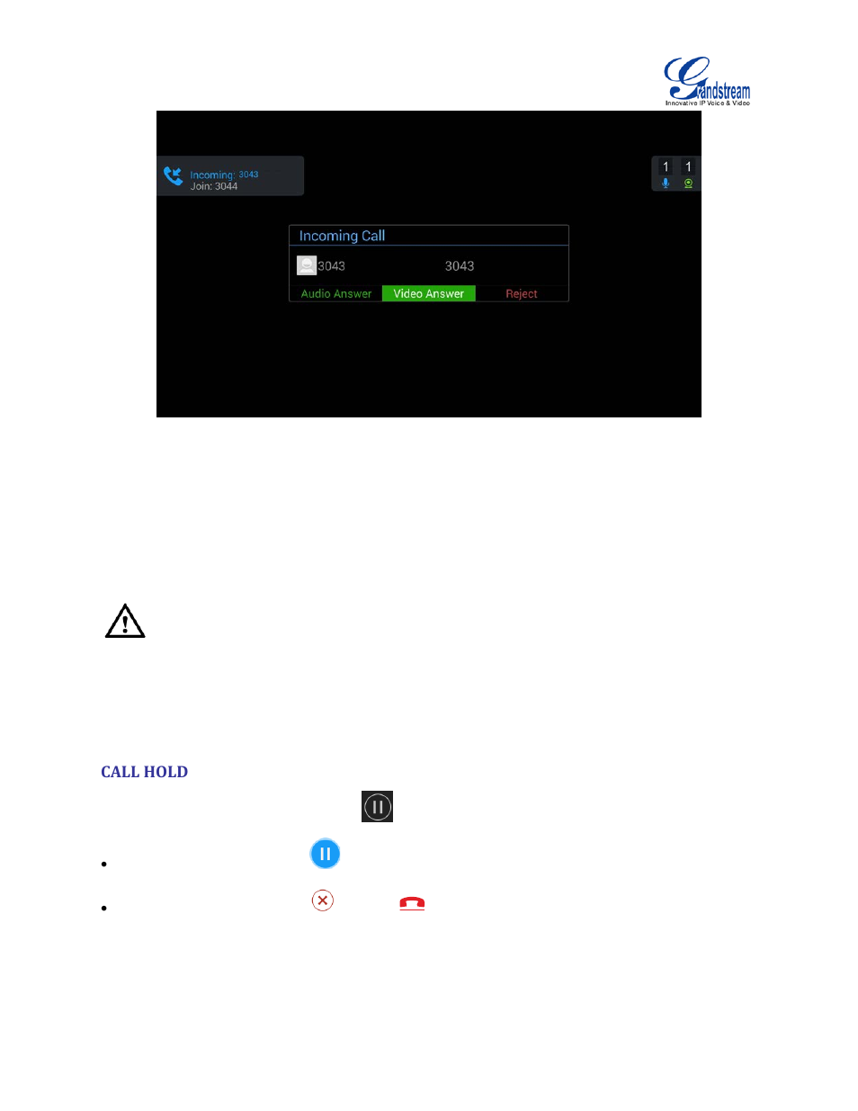 Call hold, Figure 22 gvc3200 new incoming call screen | Grandstream GVC3200 User Guide User Manual | Page 50 / 98