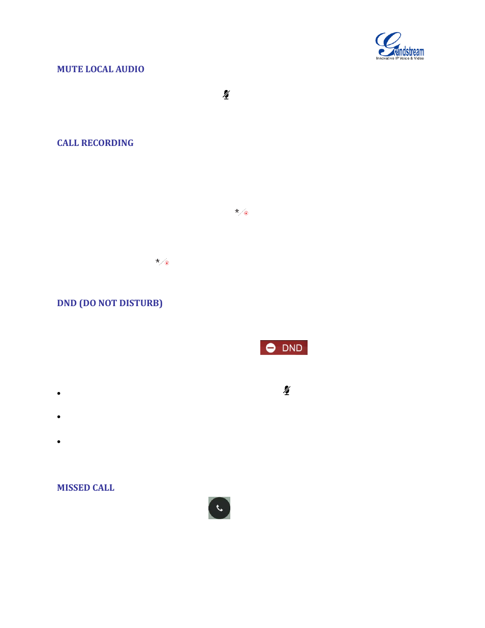 Mute local audio, Call recording, Dnd (do not disturb) | Missed call | Grandstream GVC3200 User Guide User Manual | Page 51 / 98
