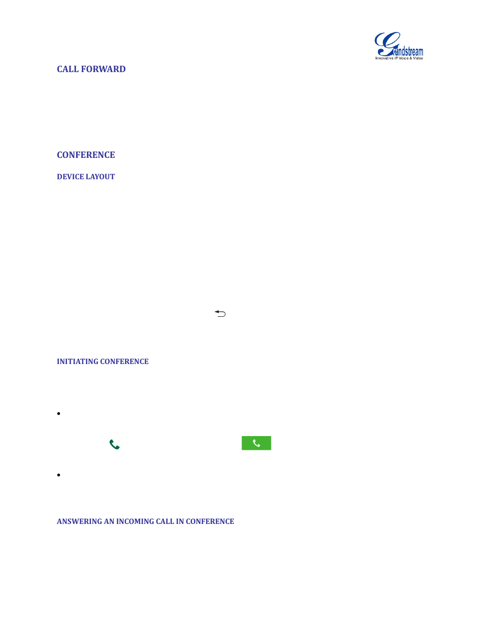 Call forward, Conference, Device layout | Initiating conference, Answering an incoming call in conference | Grandstream GVC3200 User Guide User Manual | Page 52 / 98