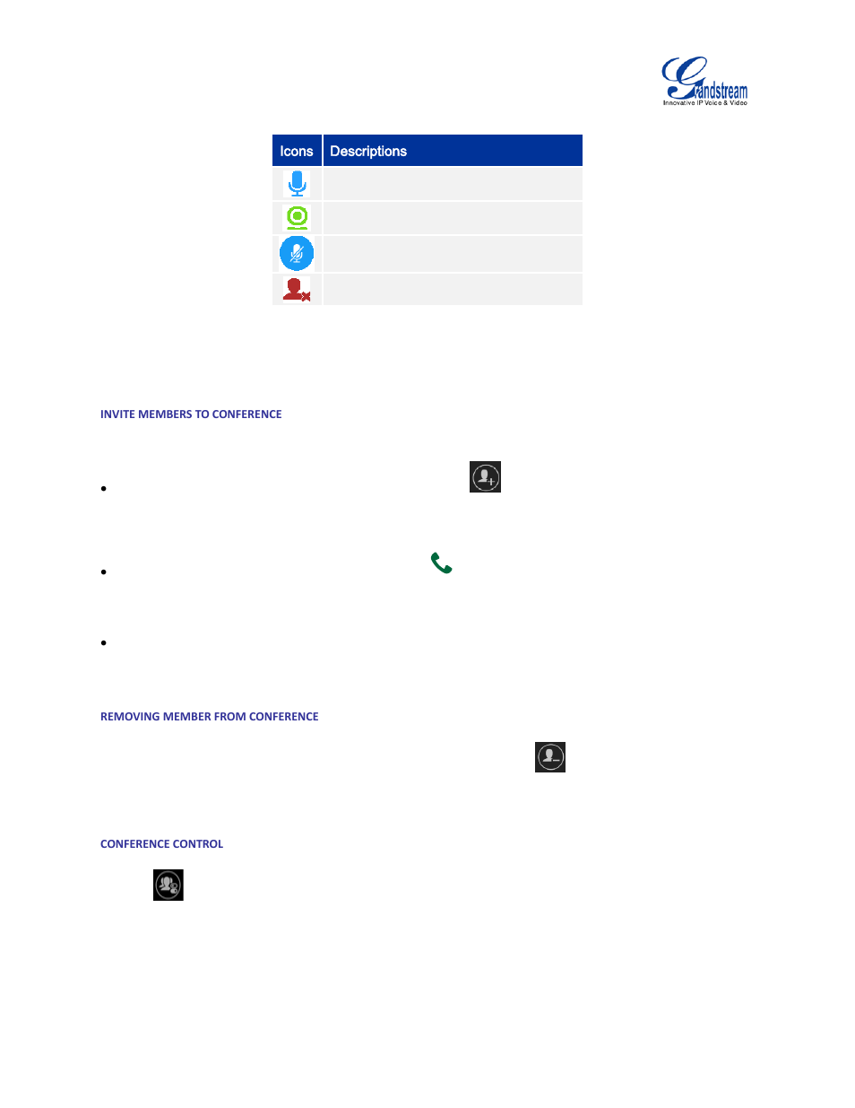 Invite members to conference, Removing member from conference, Conference control | Grandstream GVC3200 User Guide User Manual | Page 55 / 98