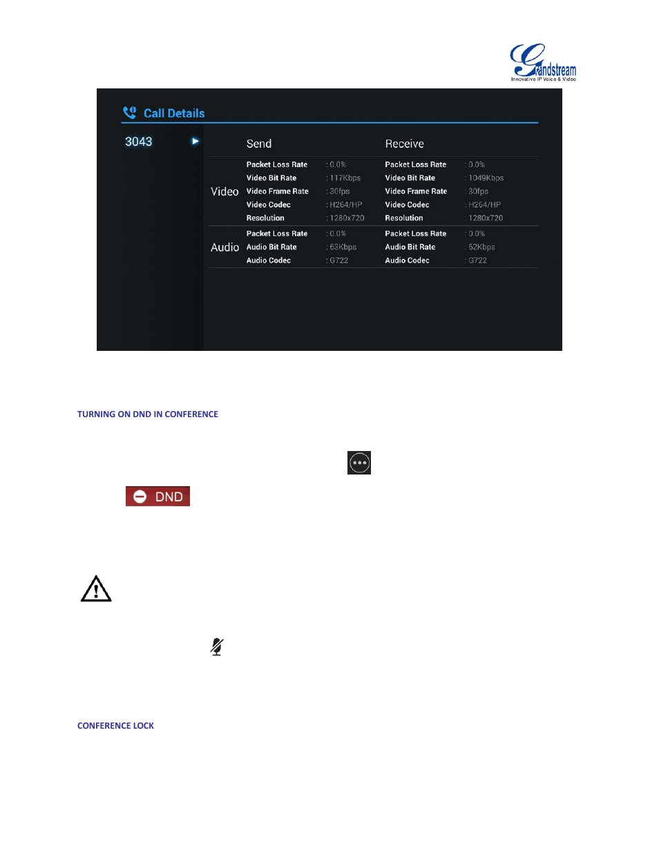 Turning on dnd in conference, Conference lock, Figure 26 gvc3200 call details screen | Grandstream GVC3200 User Guide User Manual | Page 59 / 98