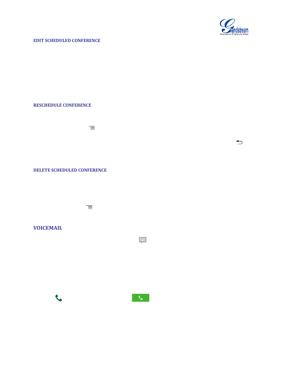 Edit scheduled conference, Reschedule conference, Delete scheduled conference | Voicemail | Grandstream GVC3200 User Guide User Manual | Page 64 / 98