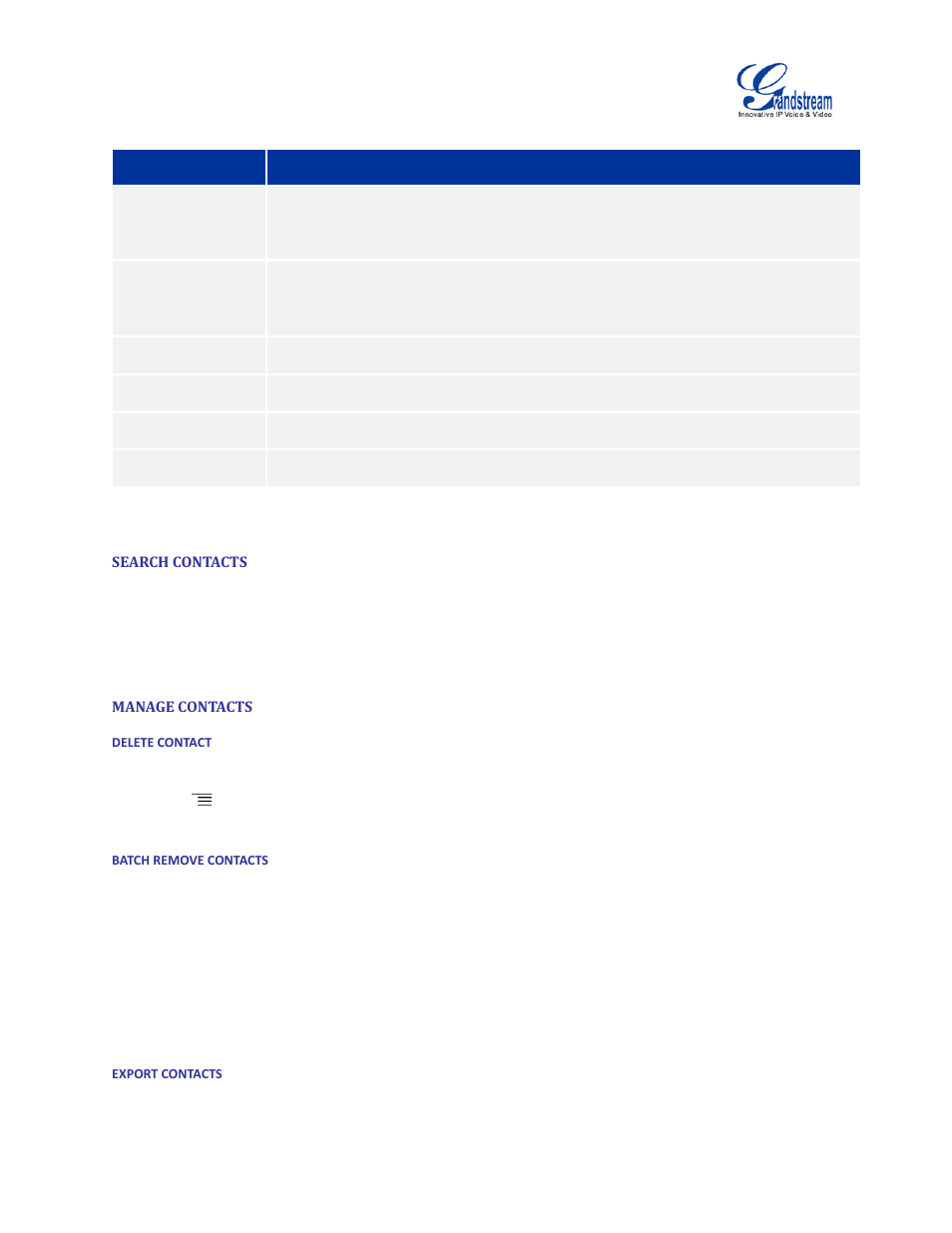 Search contacts, Manage contacts, Delete contact | Batch remove contacts, Export contacts, Table 18 gvc3200 download contacts parameters | Grandstream GVC3200 User Guide User Manual | Page 72 / 98