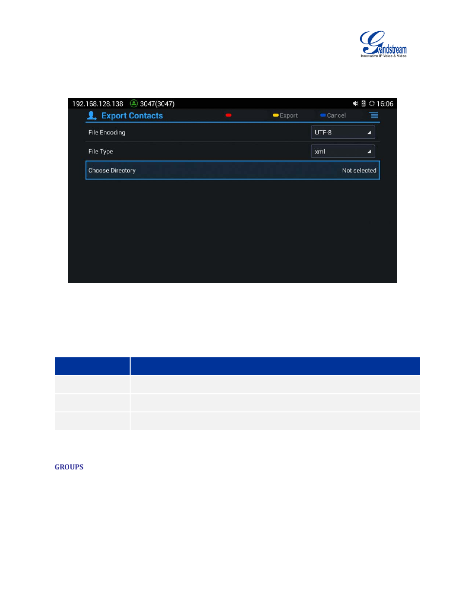 Groups, Table 19 gvc3200 export contacts parameters, Figure 36 gvc3200 export contacts screen | Grandstream GVC3200 User Guide User Manual | Page 73 / 98