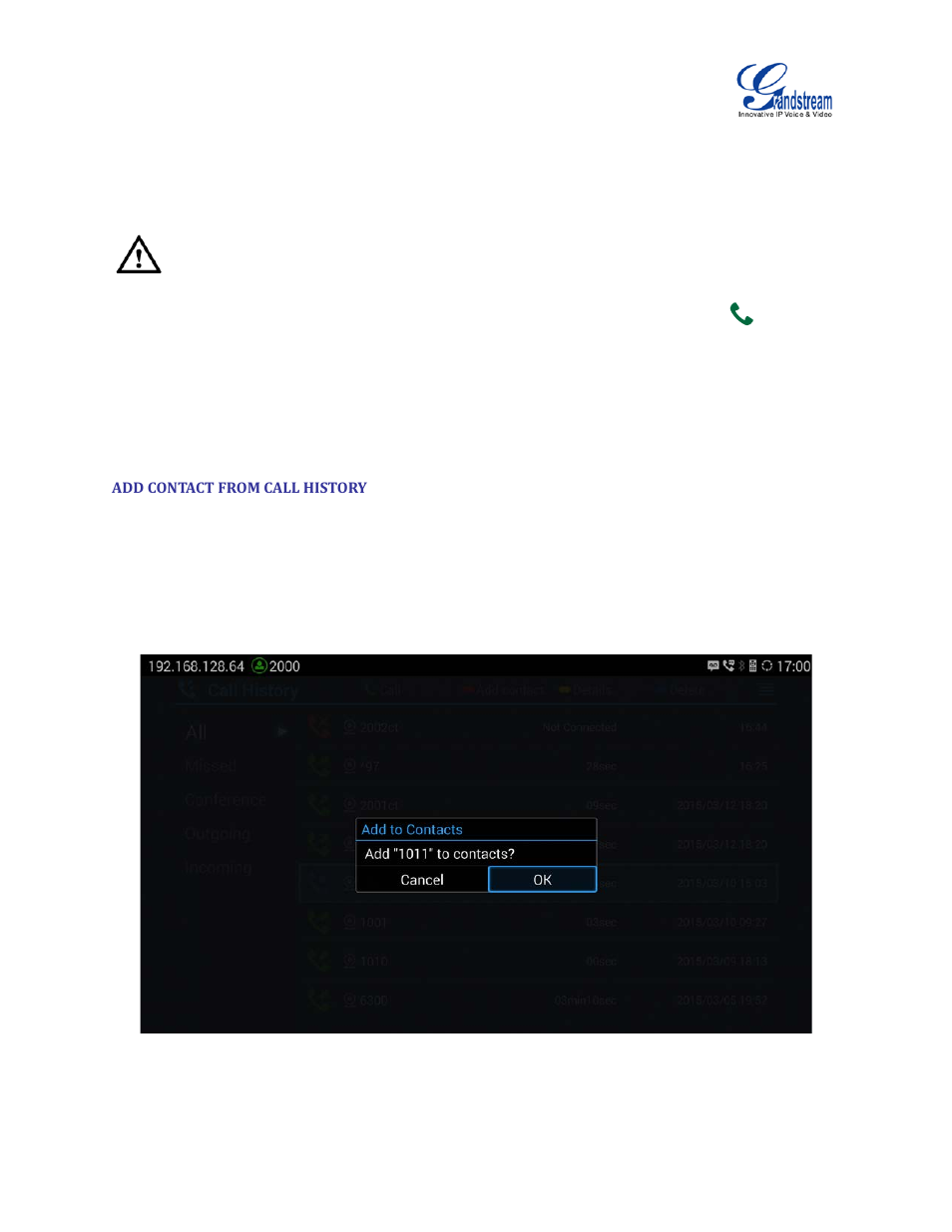 Add contact from call history, Figure 41 gvc3200 add contact screen | Grandstream GVC3200 User Guide User Manual | Page 77 / 98