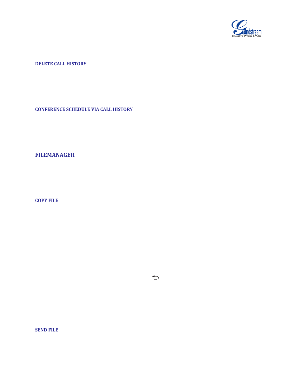 Delete call history, Conference schedule via call history, Filemanager | Copy file, Send file | Grandstream GVC3200 User Guide User Manual | Page 78 / 98