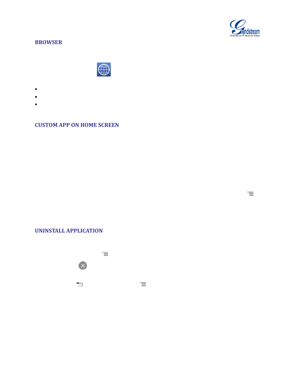 Browser, Custom app on home screen, Uninstall application | Grandstream GVC3200 User Guide User Manual | Page 84 / 98